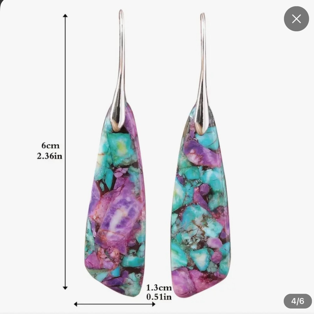 Bohemian Natural Stone Dangle Earrings - Blue and Purple Floral Pattern - Picture 2 of 3